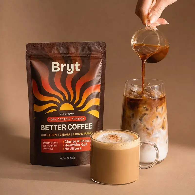 Bryt Better Coffee bag with prepared coffee drinks